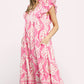 Umgee Leaf Print Tiered Midi Dress with Pockets, pink and white leaf pattern