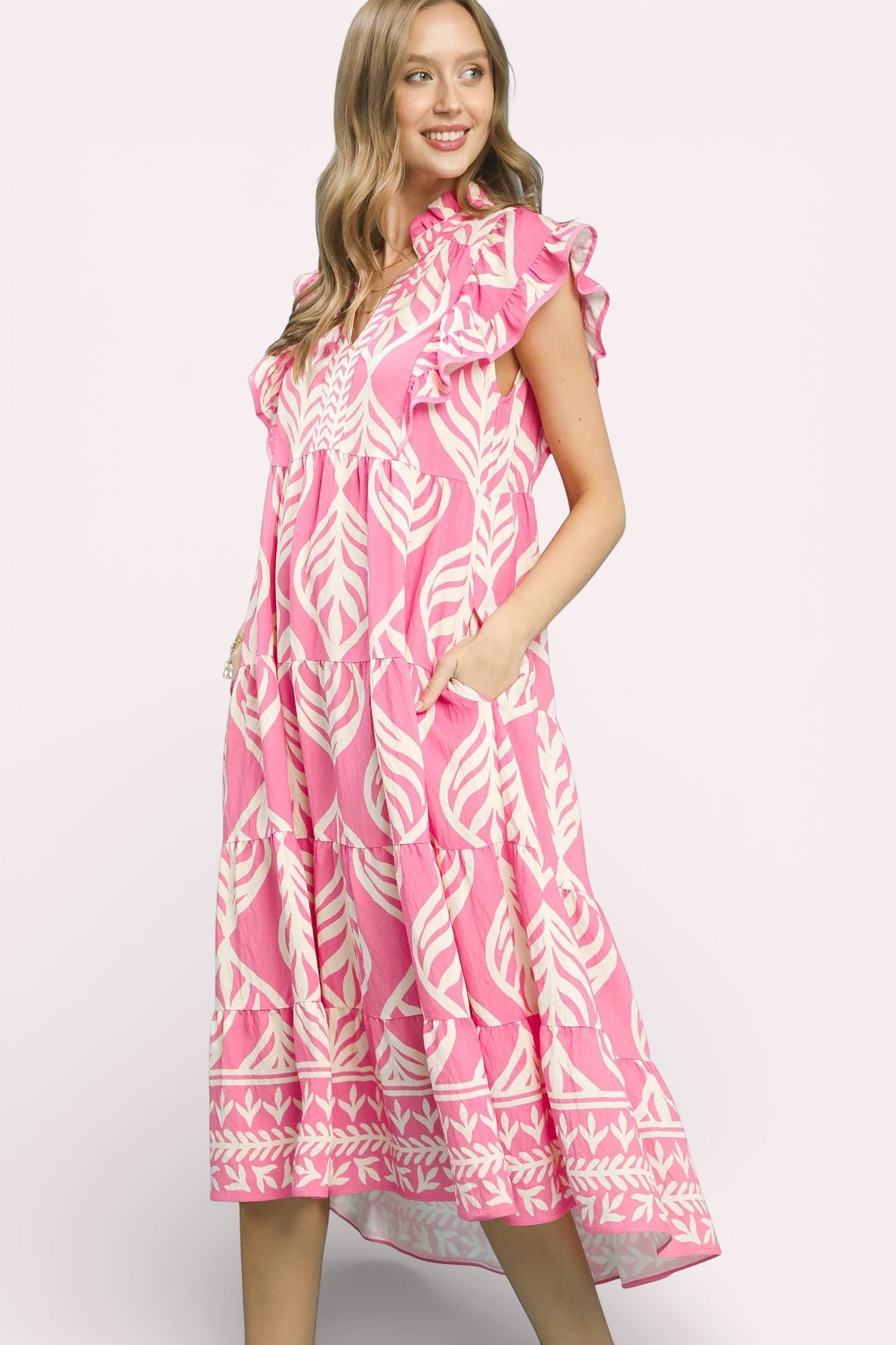 Umgee Leaf Print Tiered Midi Dress with Pockets, pink and white leaf pattern