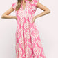 Umgee Leaf Print Tiered Midi Dress with Pockets, pink and white leaf pattern