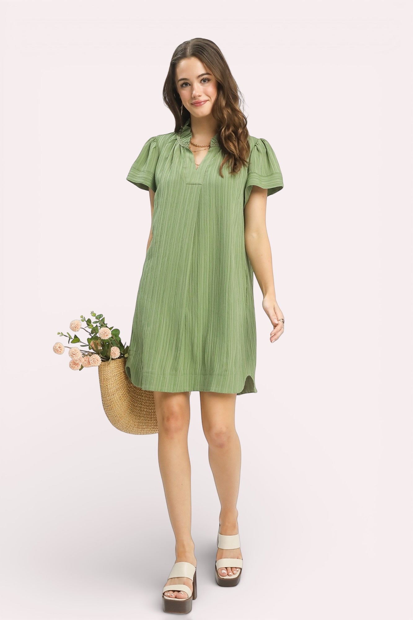 Umgee Flutter Sleeve V-Neck Shift Dress in soft sage green textured cotton