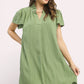Umgee Flutter Sleeve V-Neck Shift Dress in soft sage green ribbed cotton