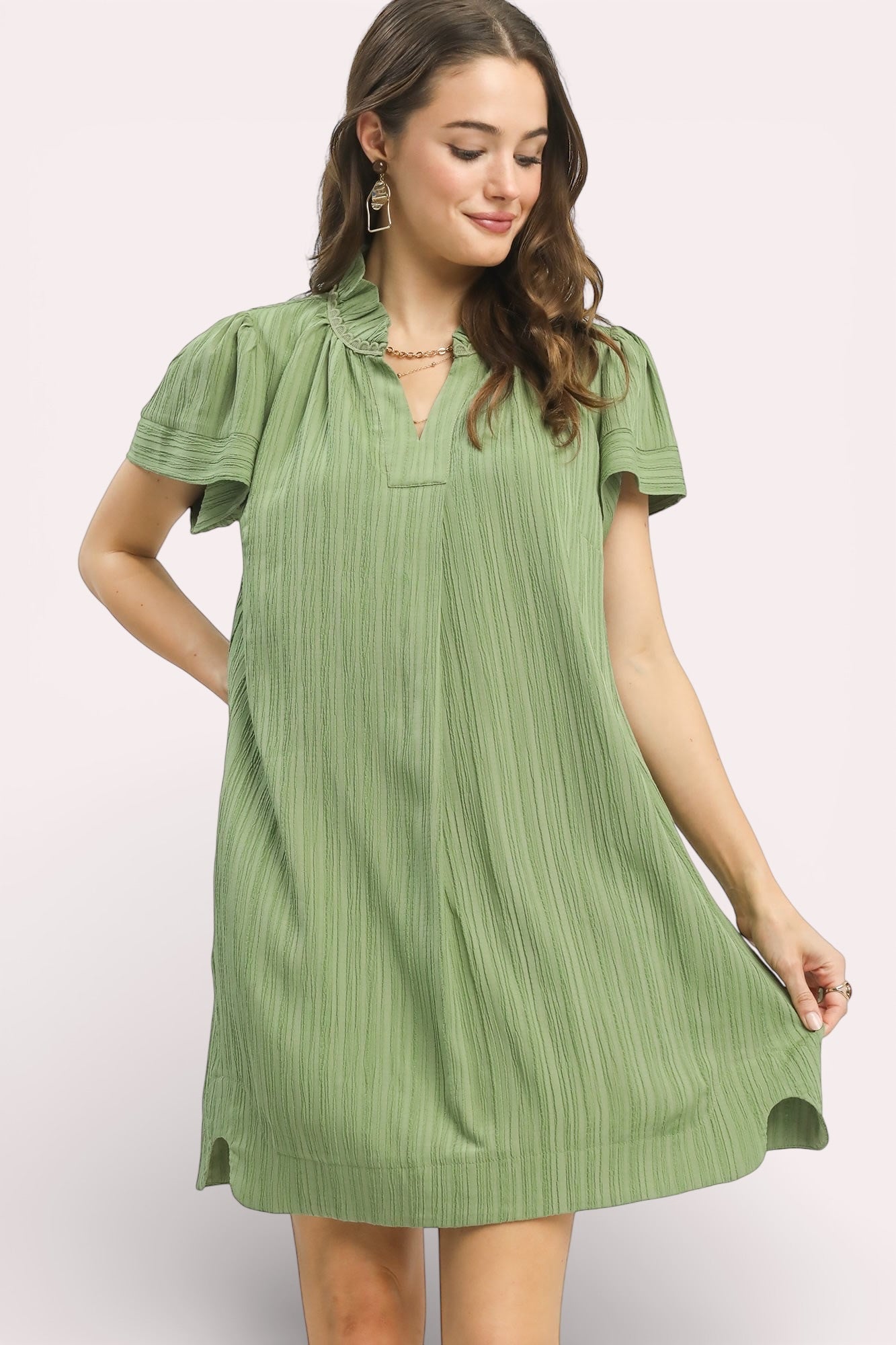 Umgee Flutter Sleeve V-Neck Shift Dress in soft sage green ribbed cotton