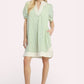 Umgee Pinstripe Shift Dress in light green white stripes with cream hem