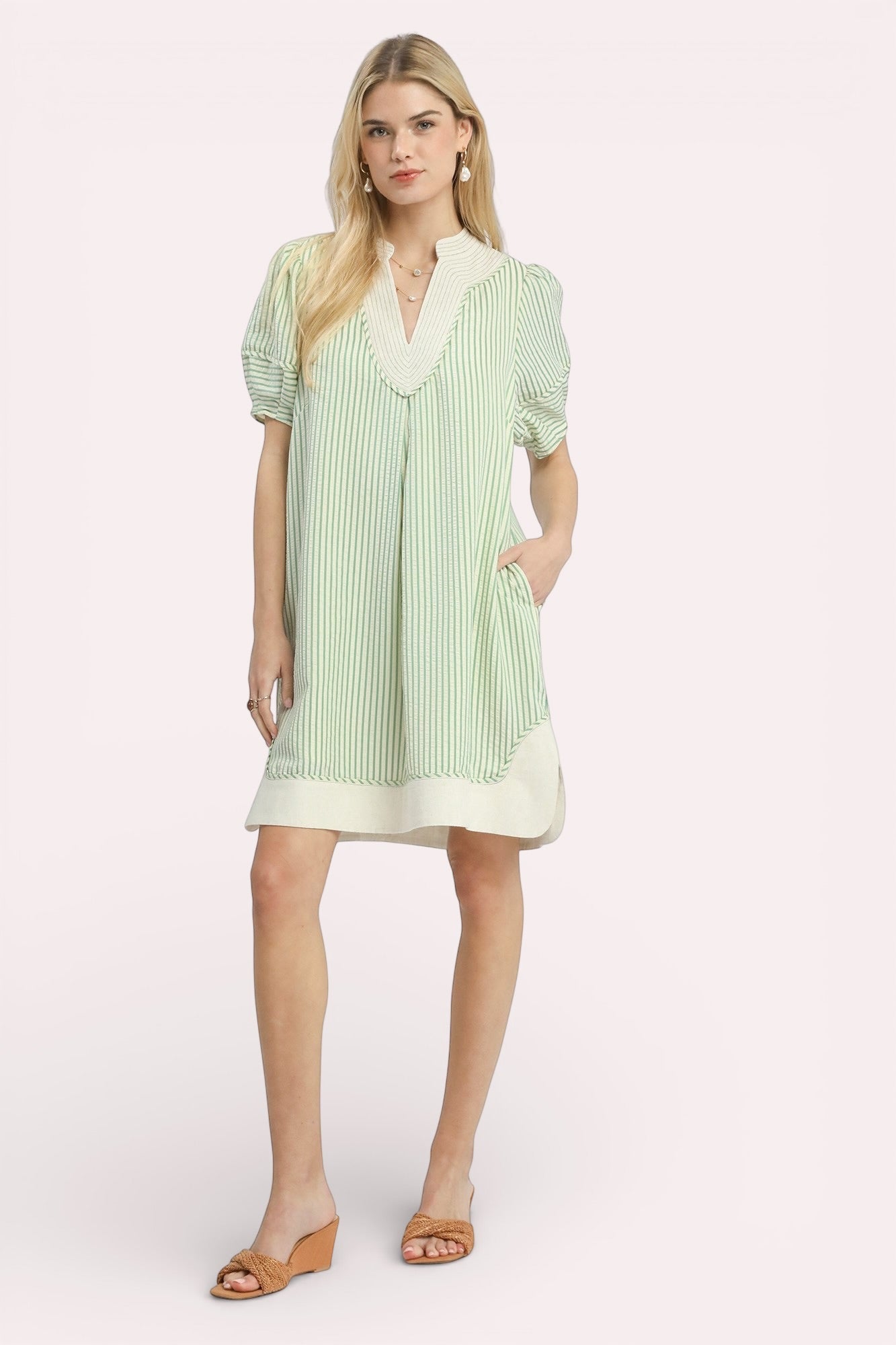 Umgee Pinstripe Shift Dress in light green white stripes with cream hem