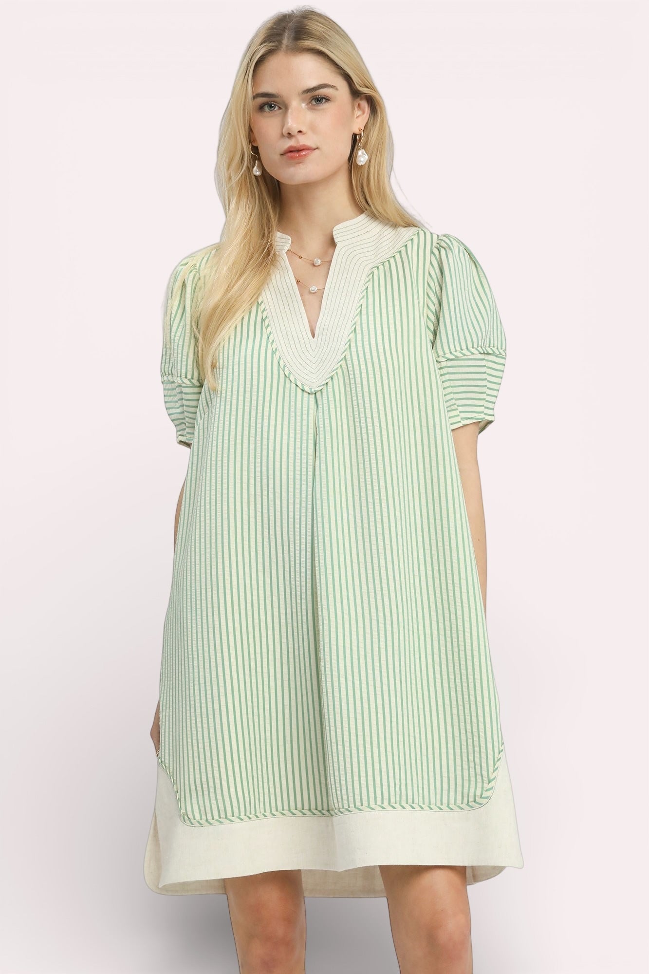 Umgee Pinstripe Shift Dress in light green white stripes with contrast trim