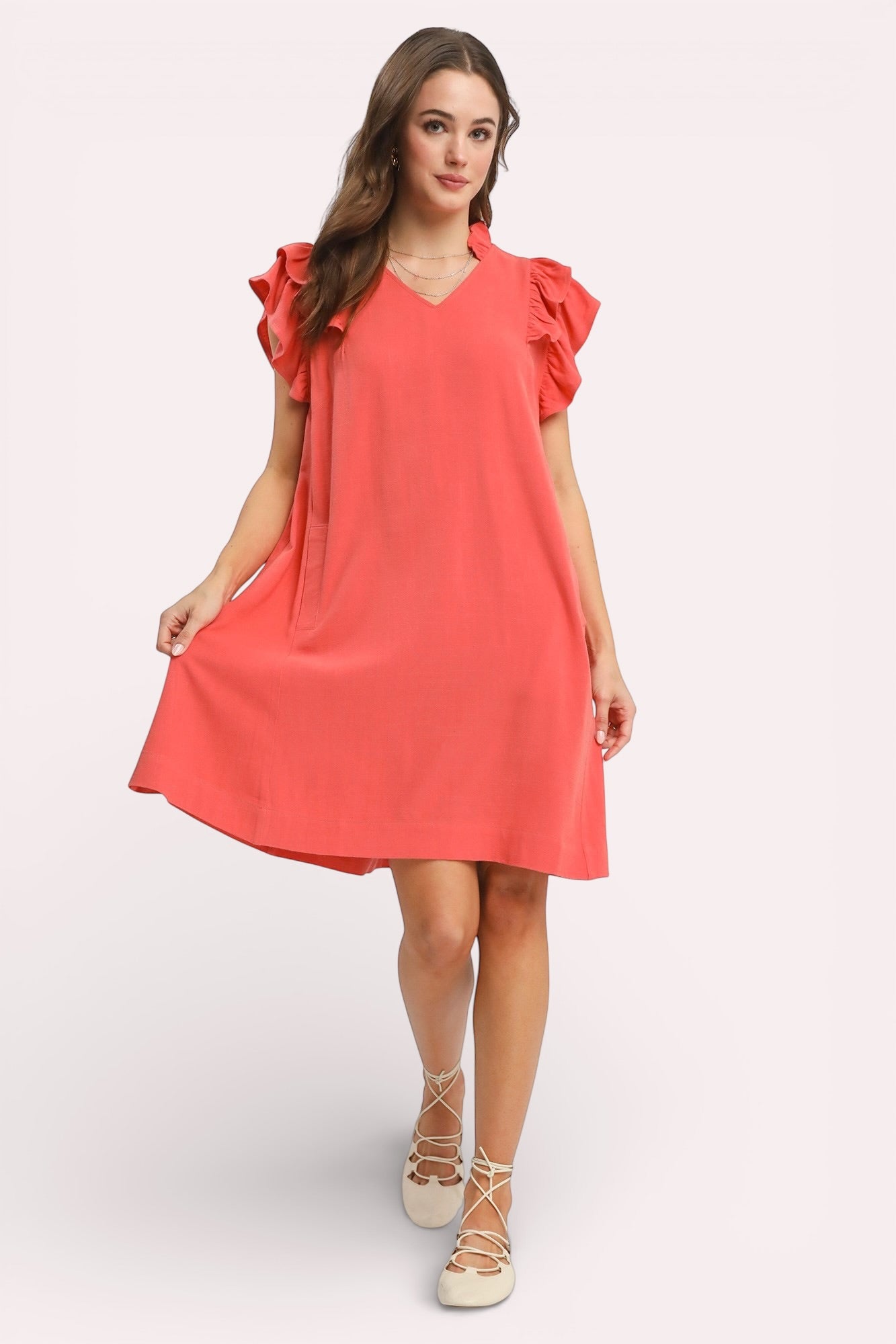 Umgee linen flutter sleeve shift dress with pockets, coral v-neck ruffles