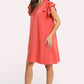 Umgee linen flutter sleeve shift dress with pockets in coral, ruffled shoulders