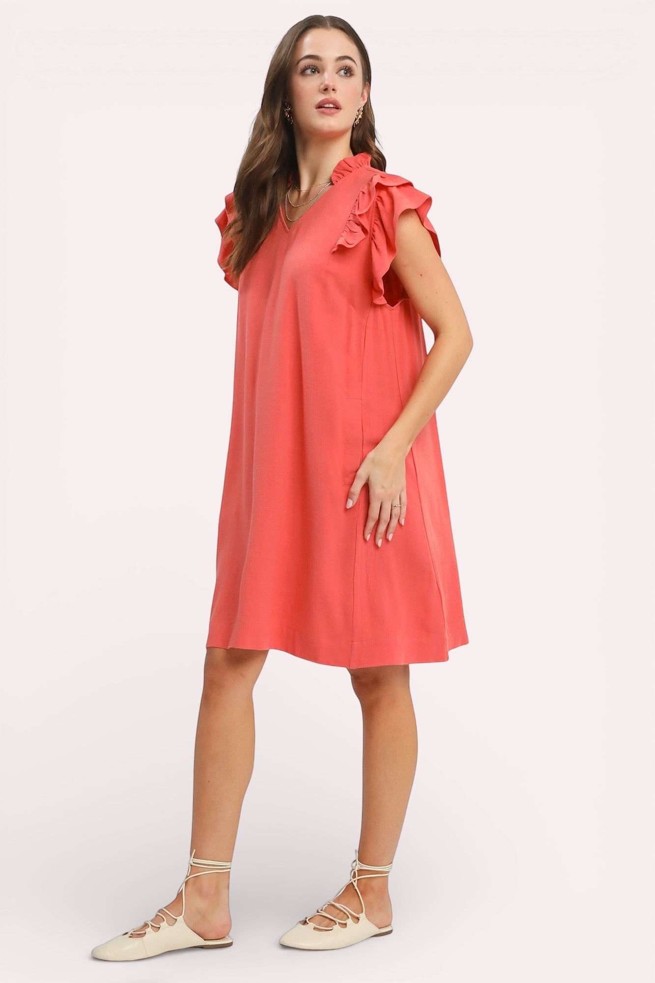 Umgee linen flutter sleeve shift dress with pockets in coral, ruffled shoulders