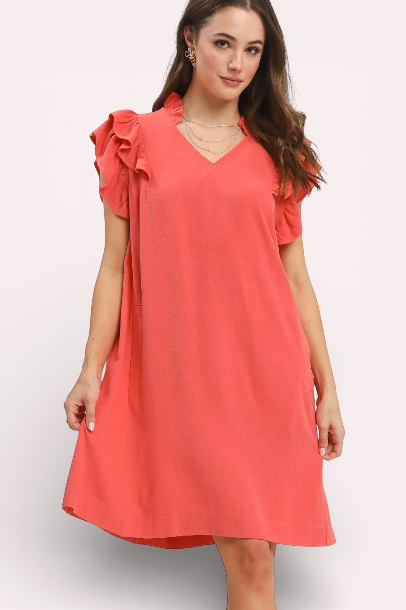 Umgee linen flutter sleeve shift dress with pockets, coral v-neck ruffles