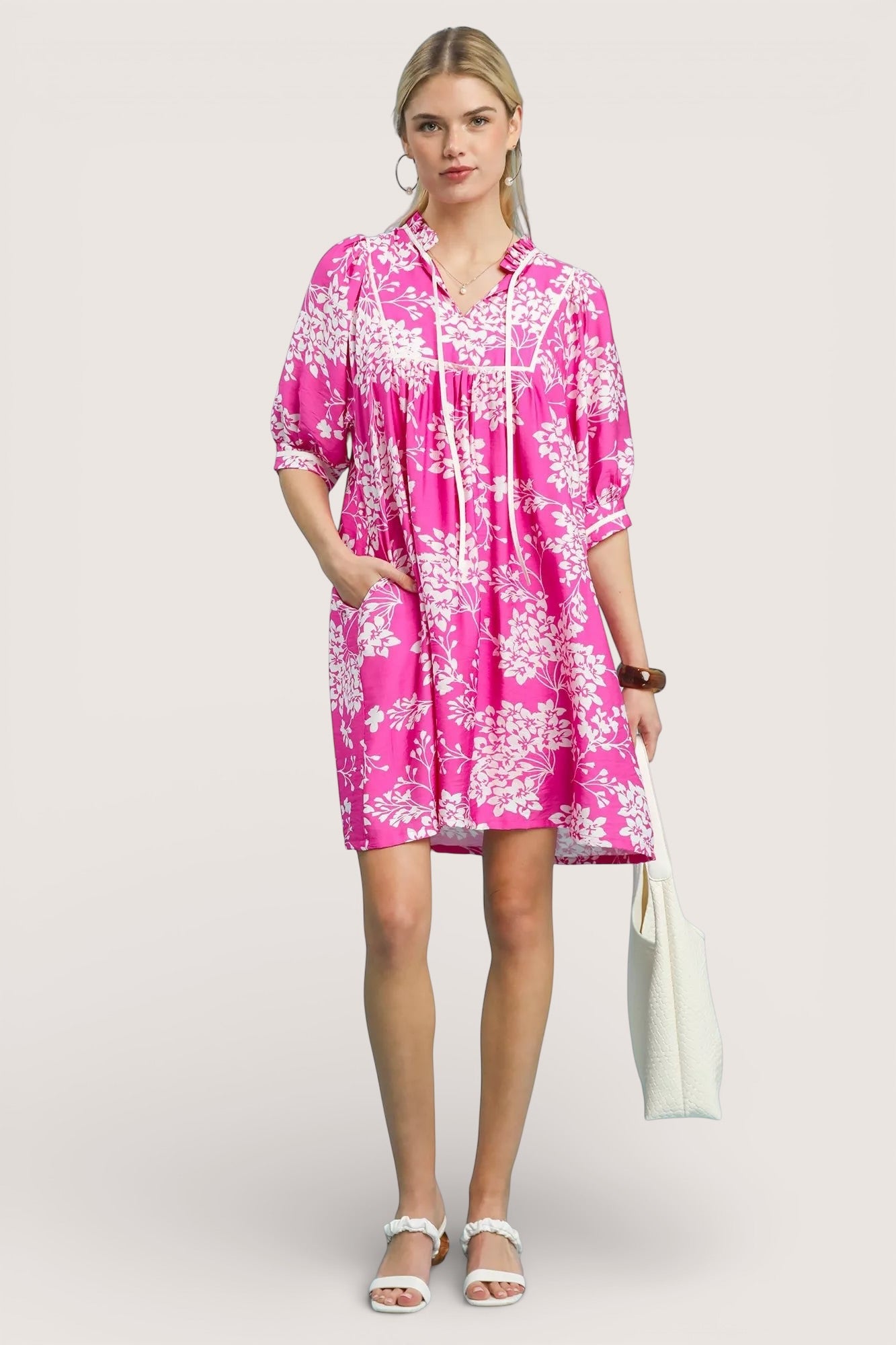 Umgee floral babydoll dress with pockets, pink print, loose flow