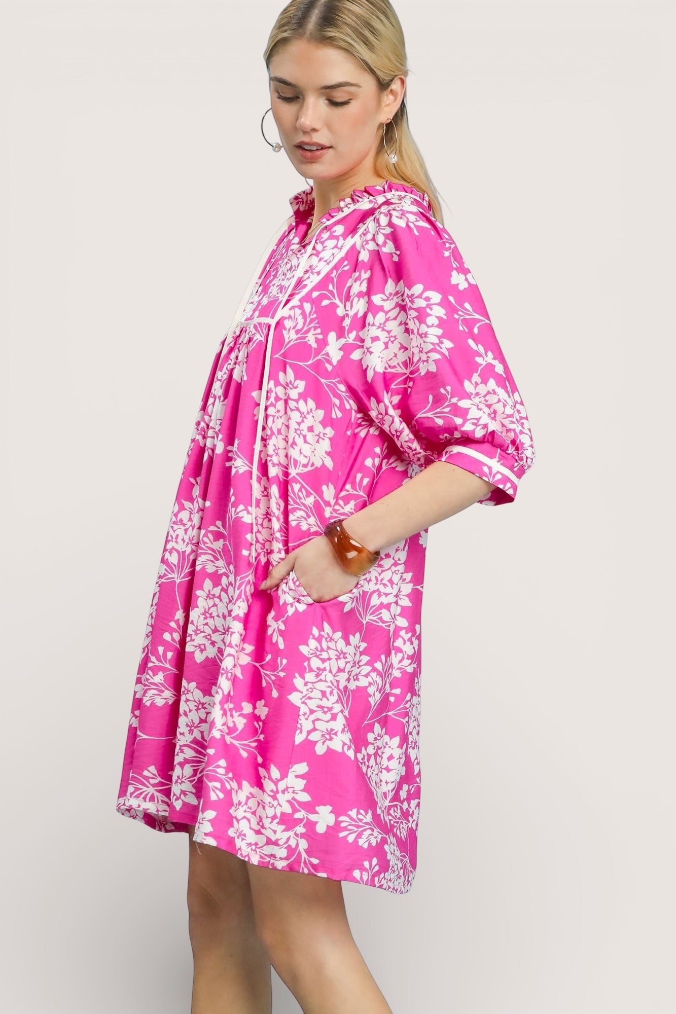 Umgee Floral Babydoll Dress with Pockets: pink floral print, loose fit