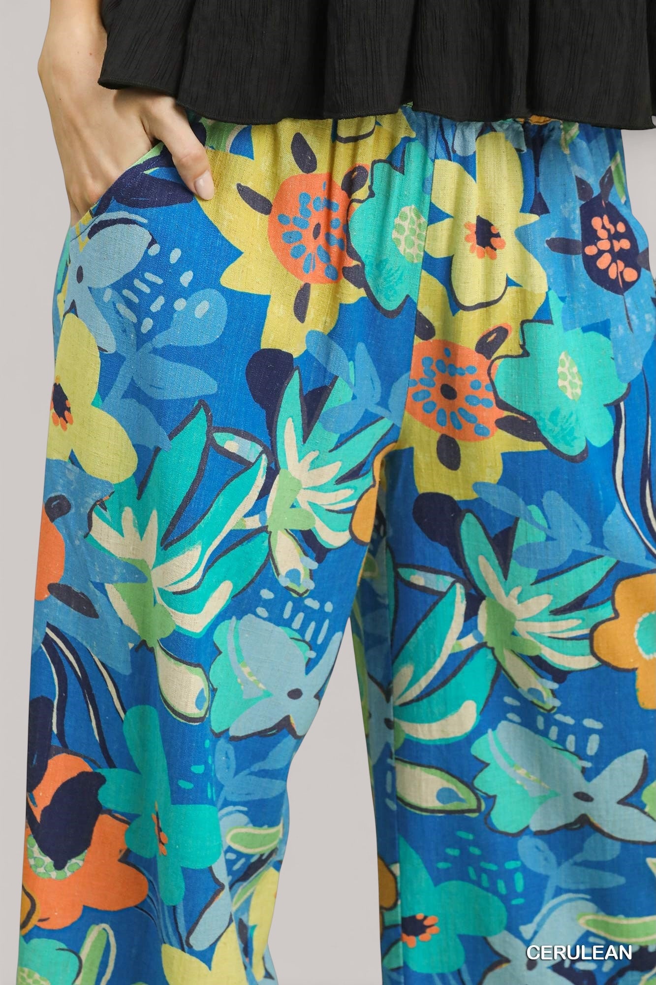 Umgee floral print wide-leg pants in vibrant blue with bold blossoms