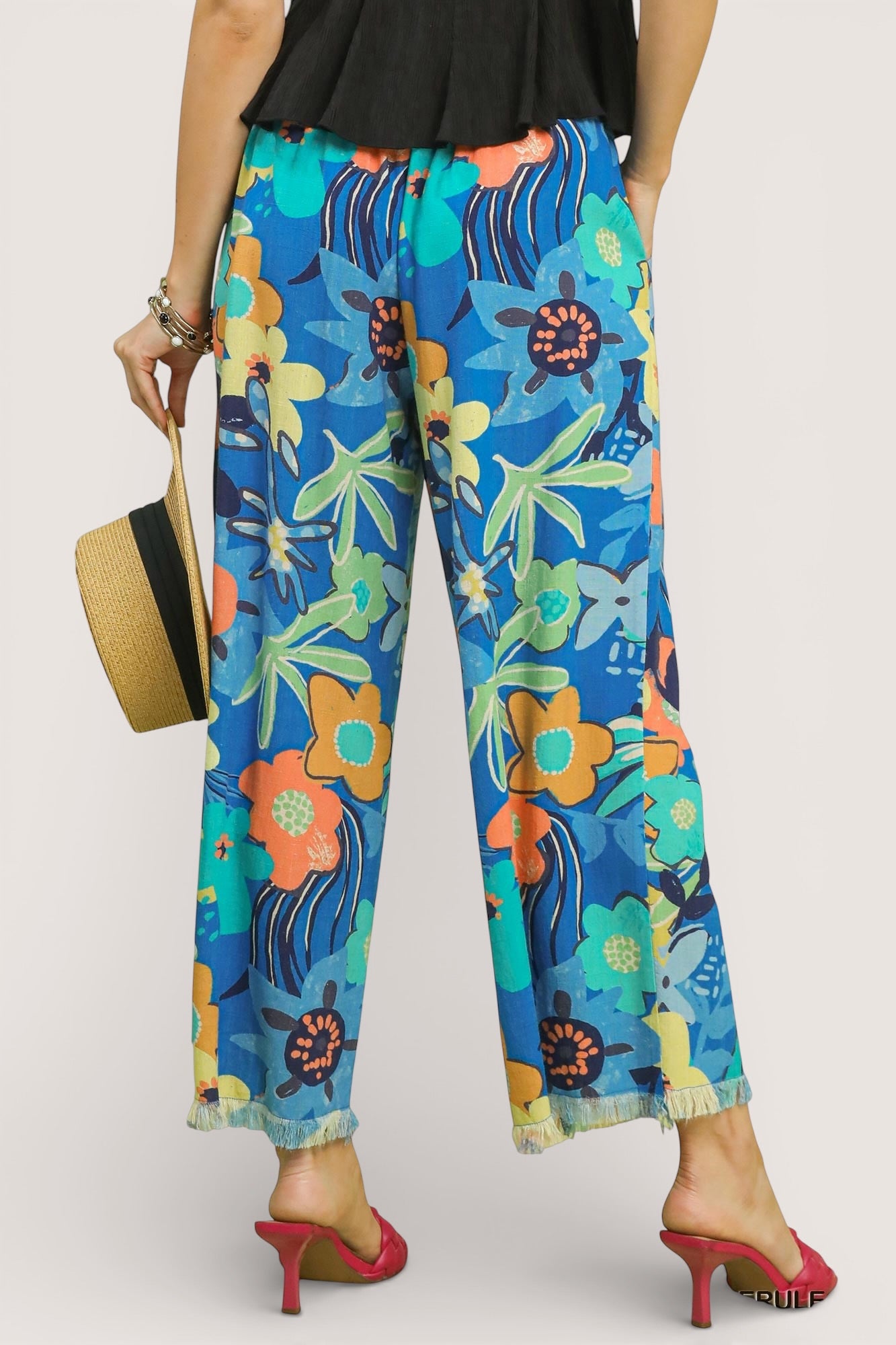 Umgee floral print wide-leg pants with blue flowers, frayed hems, drawstring waist