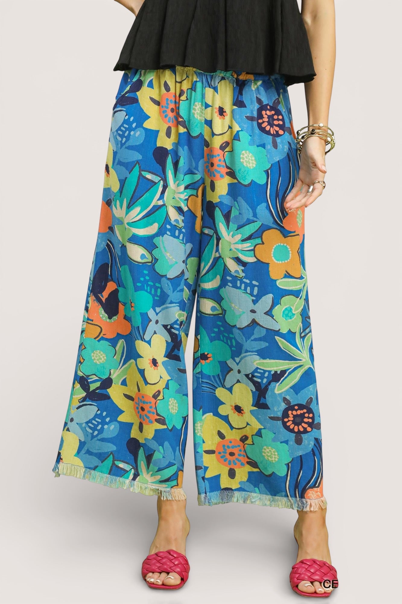 Umgee vibrant blue floral print wide-leg pants with frayed hem