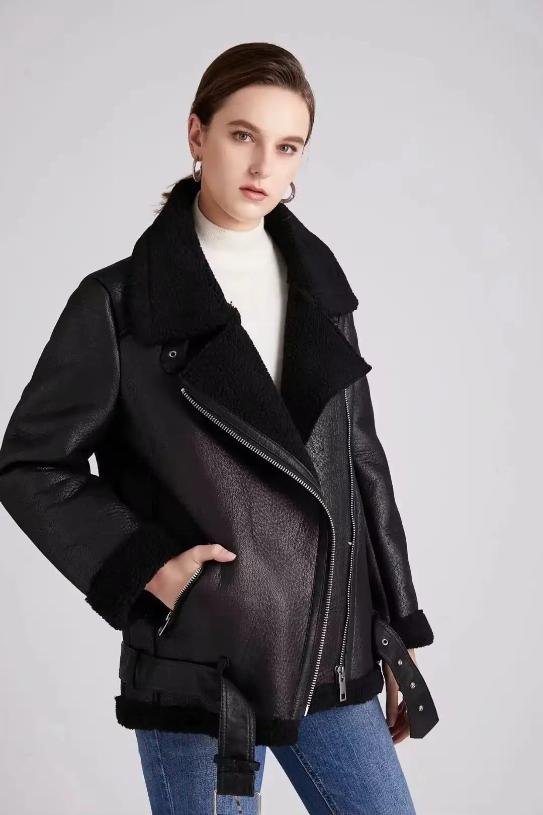 Vegan Shearling Lined Faux Leather Biker Jacket | Jackets Daverri Fashions