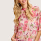 BiBi floral print short sleeves boxy mesh top, sheer pink blouse with high neckline
