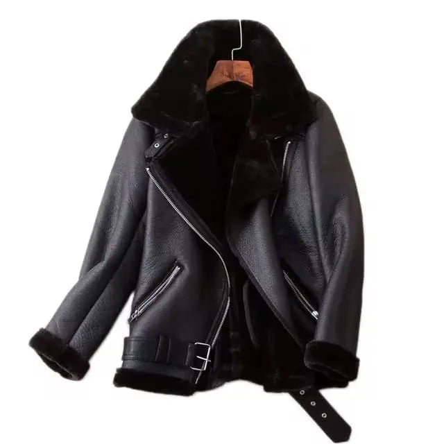 Vegan Shearling Lined Faux Leather Biker Jacket | Jackets Daverri Fashions