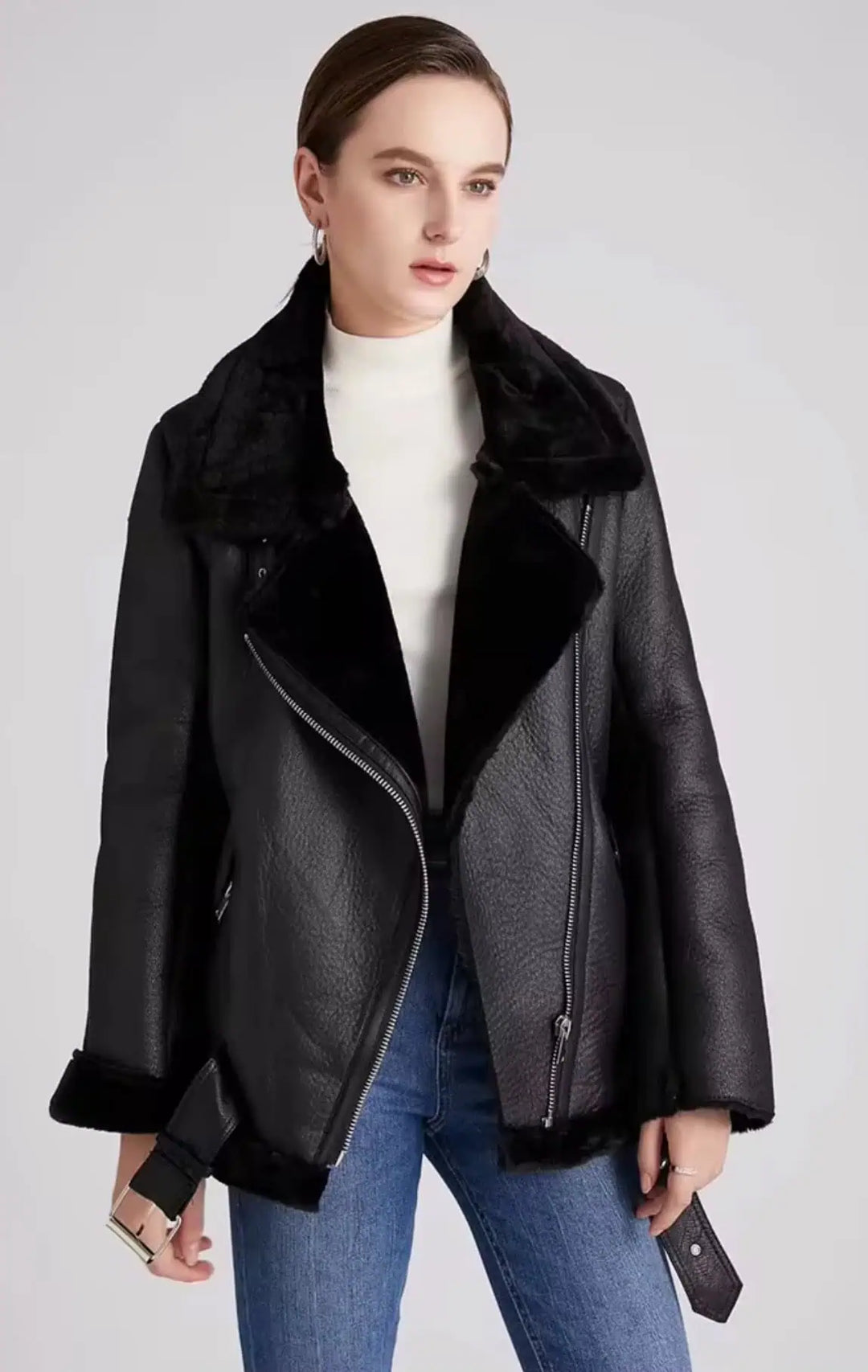 Vegan Shearling Lined Faux Leather Biker Jacket | Jackets Daverri Fashions