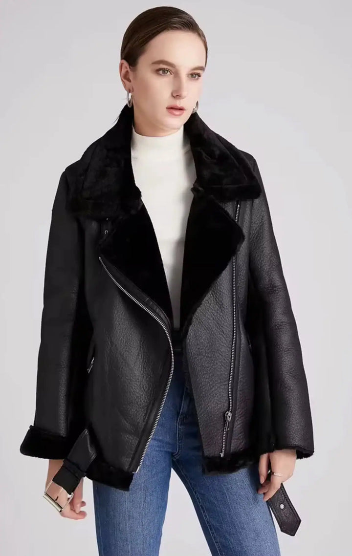 Vegan Shearling Lined Faux Leather Biker Jacket | Jackets Daverri Fashions