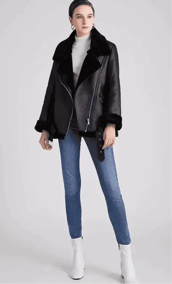 Vegan Shearling Lined Faux Leather Biker Jacket | Jackets Daverri Fashions