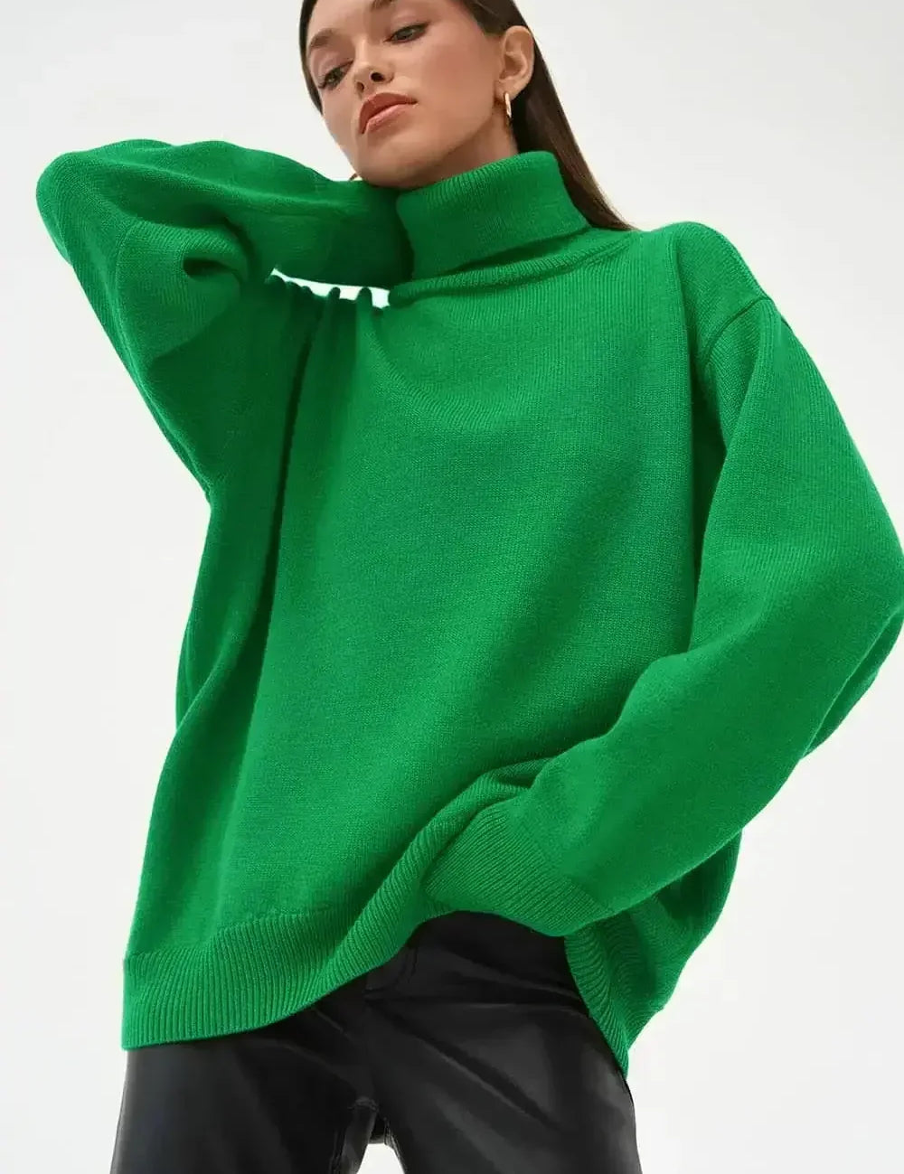 Green Daverri Fashions oversized turtleneck sweater with white zipper sleeve