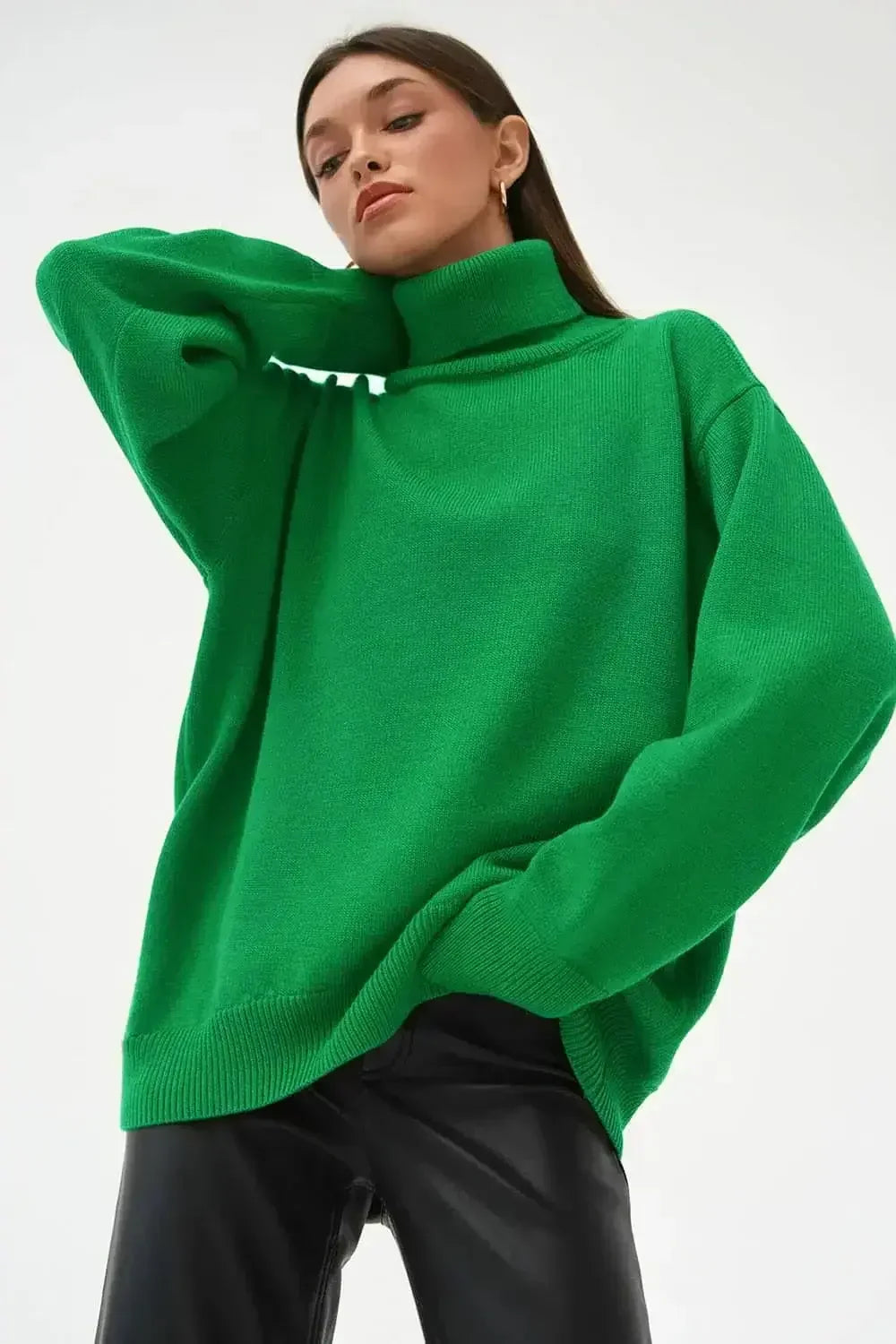 Green Daverri Fashions oversized turtleneck sweater with white zipper sleeve