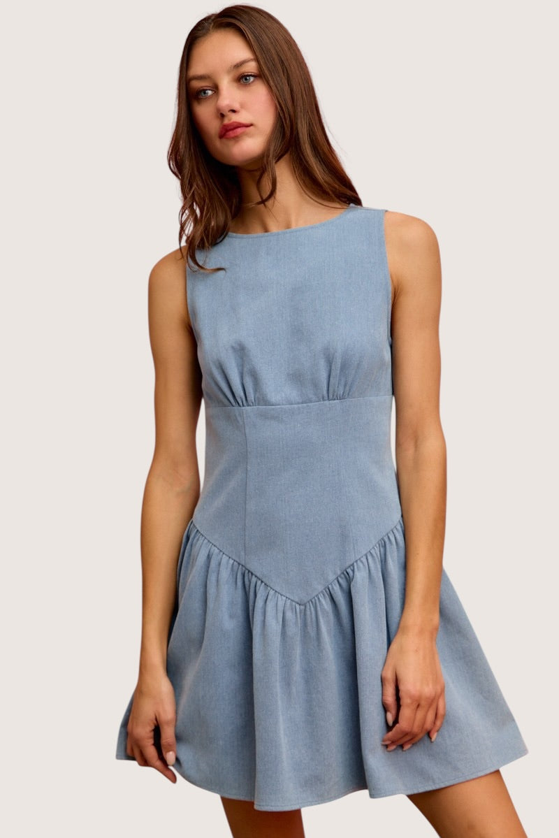 SO ME fit and flare sleeveless light blue denim mini dress