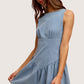 SO ME fit and flare sleeveless denim mini dress, light blue A-line with gathered waist and ruffled hem