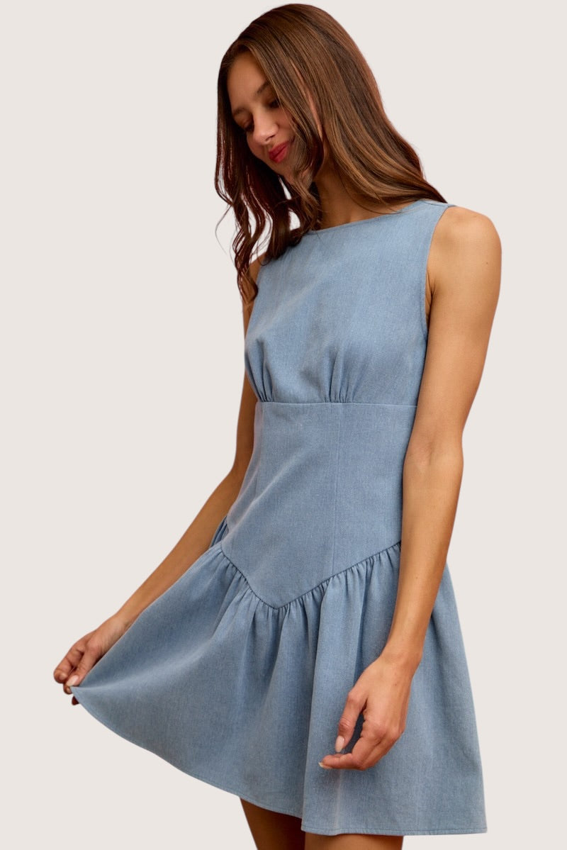 SO ME fit and flare sleeveless denim mini dress, light blue A-line with gathered waist and ruffled hem