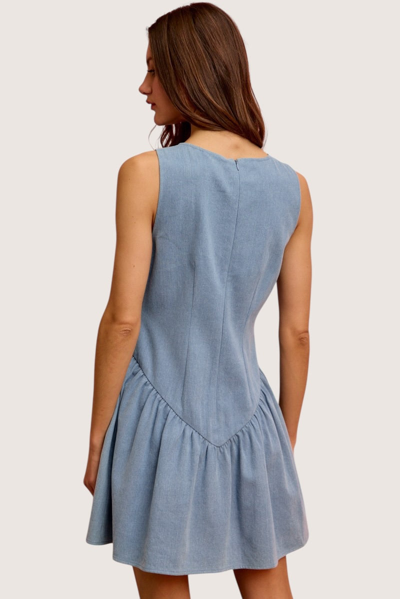 SO ME fit and flare sleeveless light blue denim mini dress