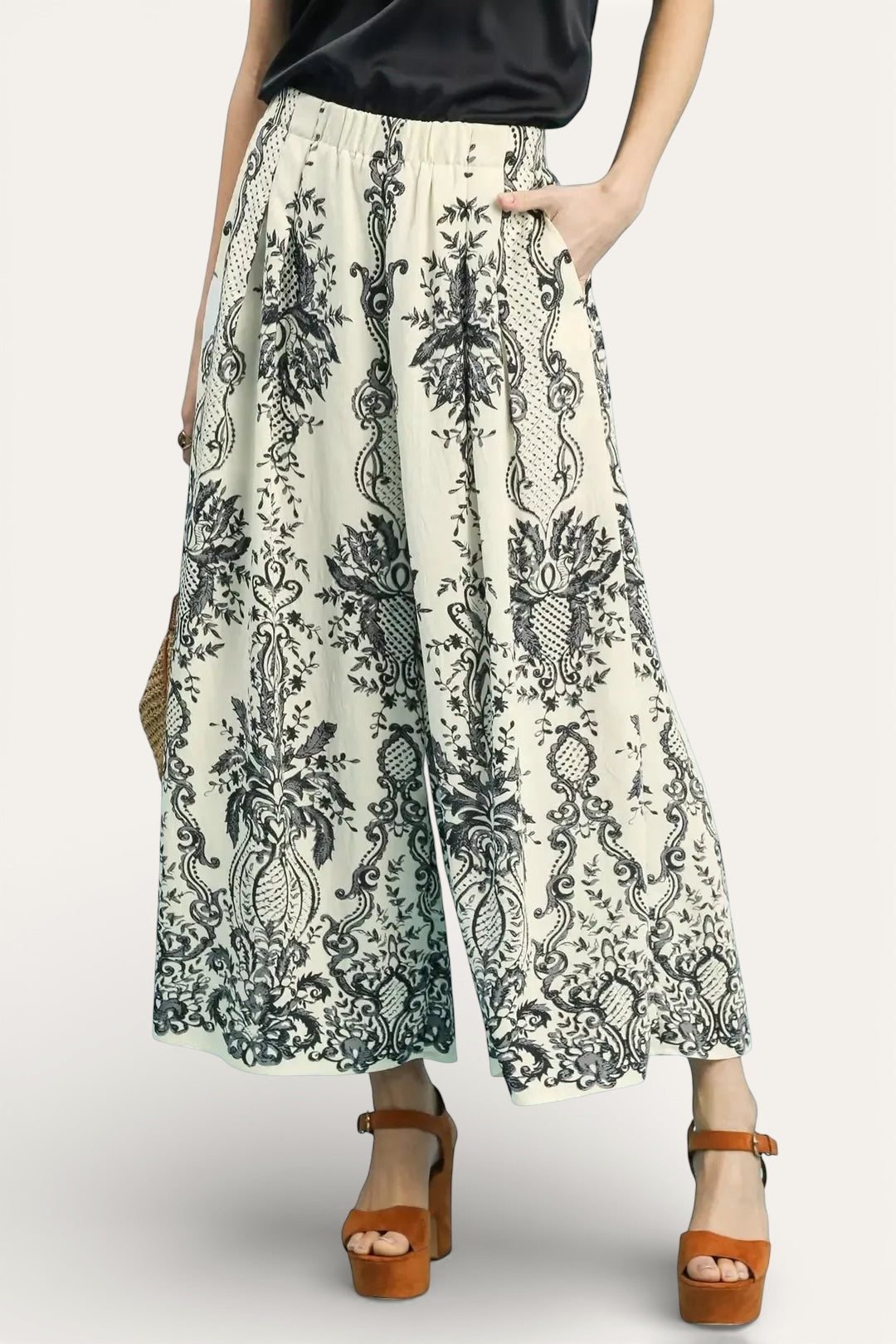 Umgee Border Print Wide Leg Pants in cream with black botanical paisley