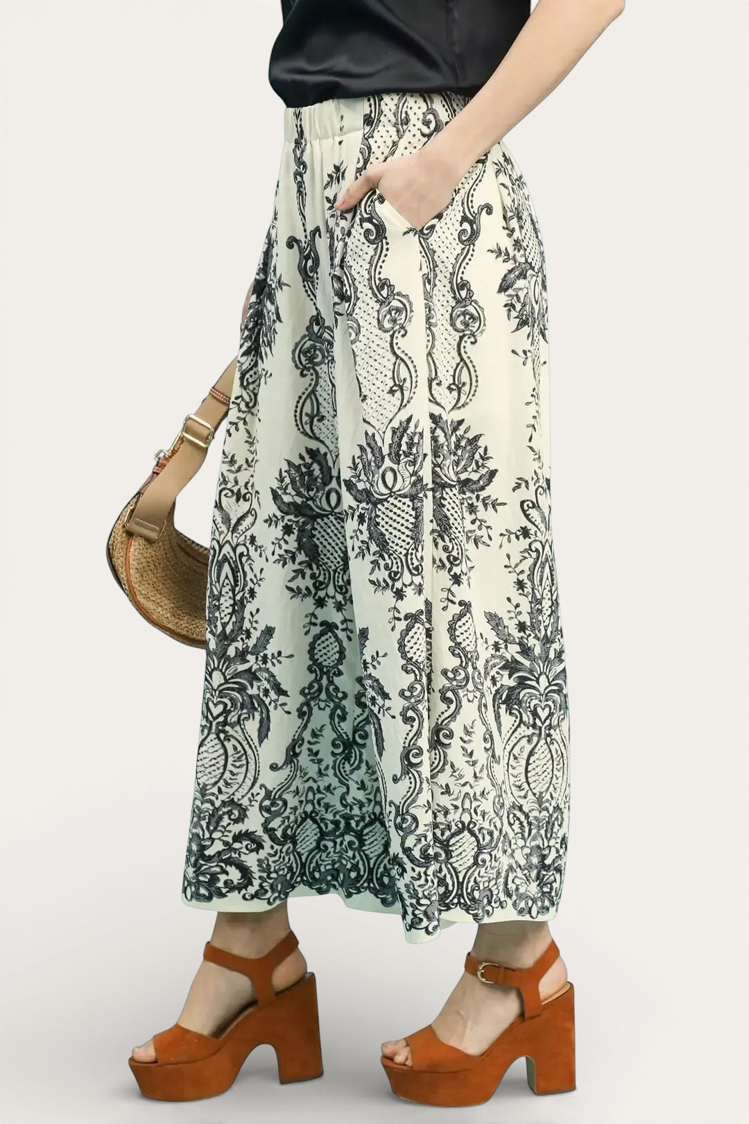Cream high-waisted maxi skirt with black baroque embroidery, Umgee pants back