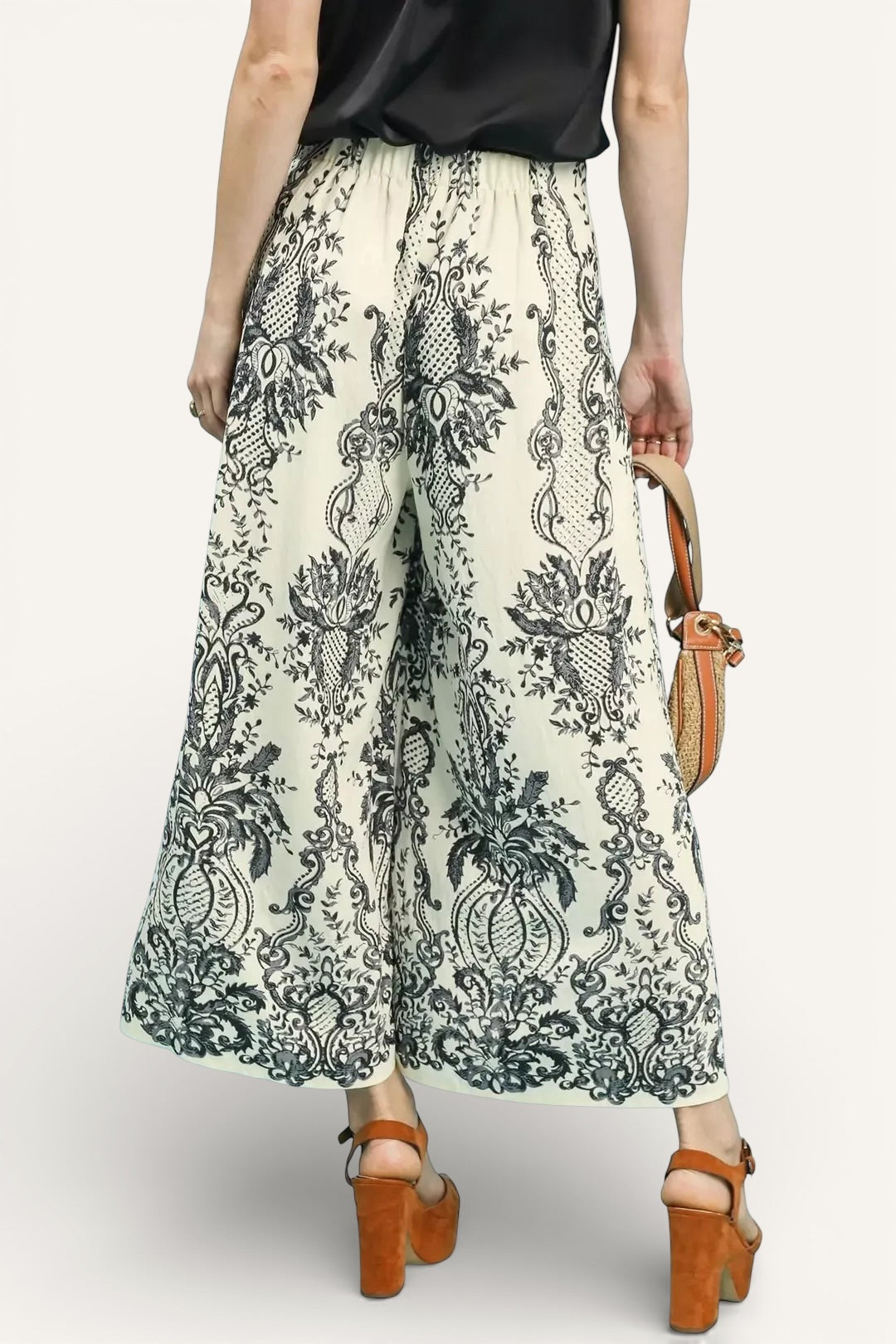 Umgee Border Print Wide Leg Pants in cream with black botanical pattern