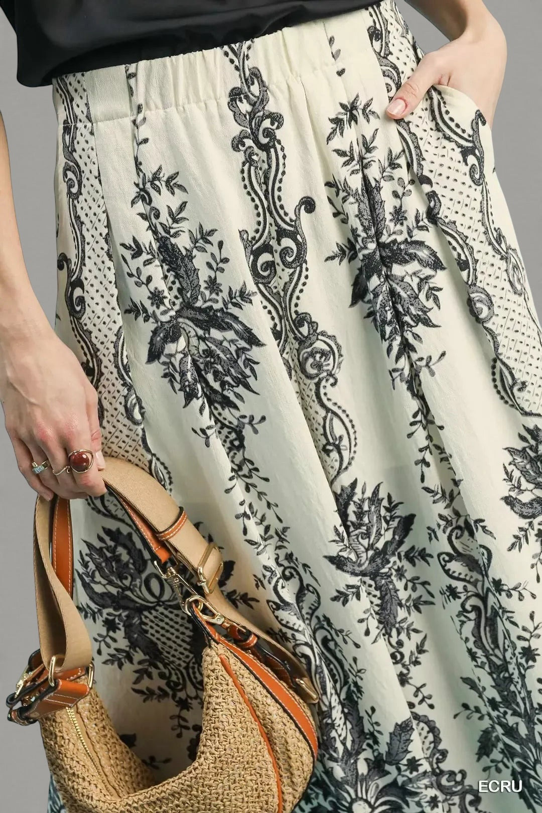 Umgee Border Print Wide Leg Pants with off-white skirt black botanical embroidery