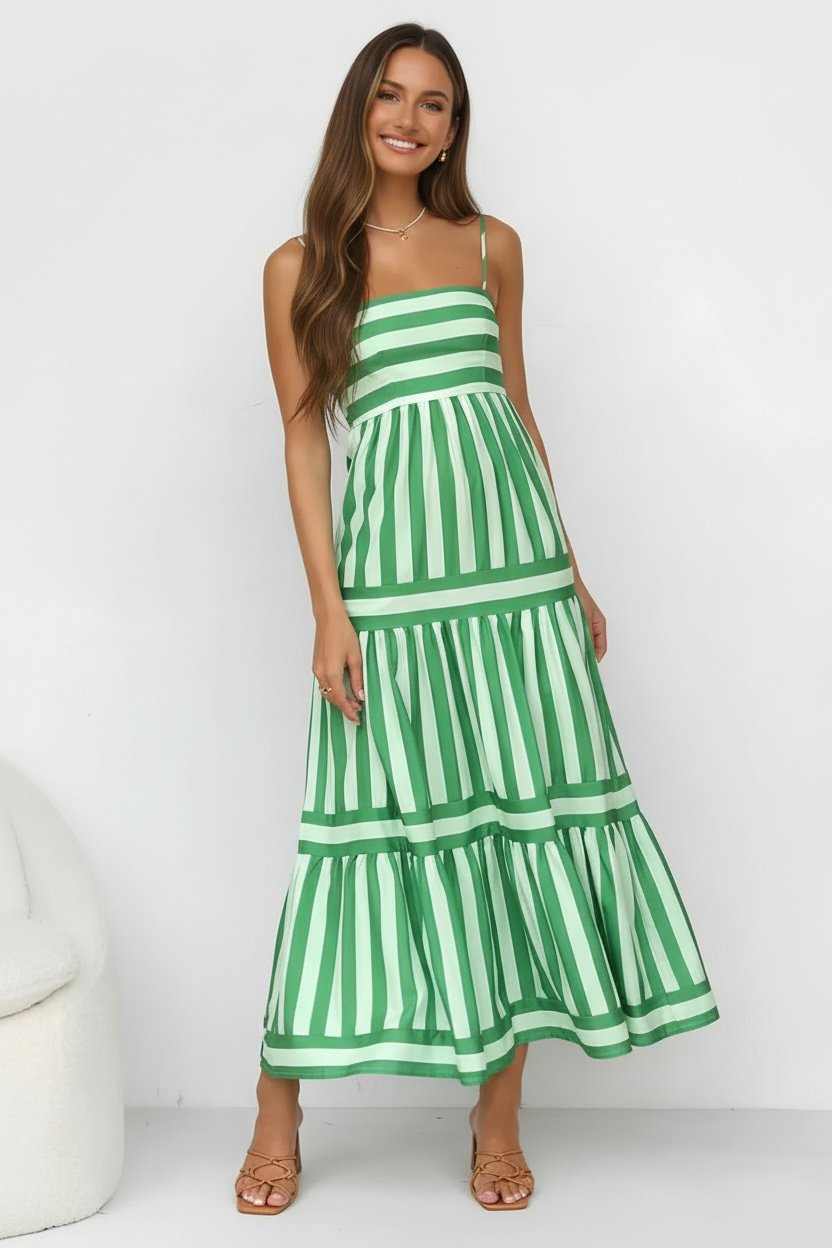Daverri green white striped tiered maxi cami dress on woman