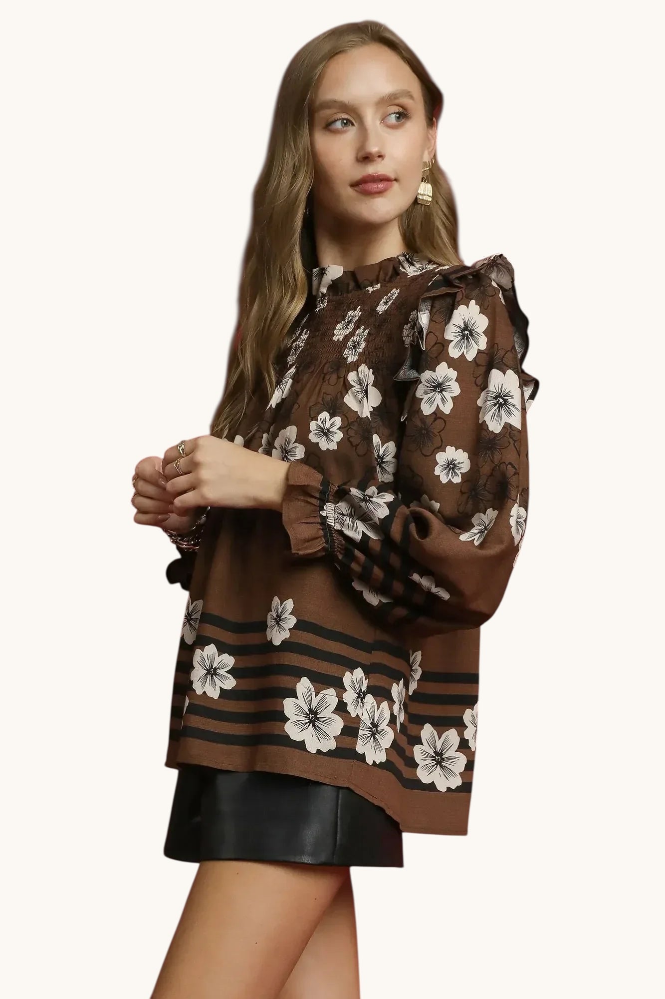 Umgee Full Size Mix Floral Smocked Ruffle Blouse