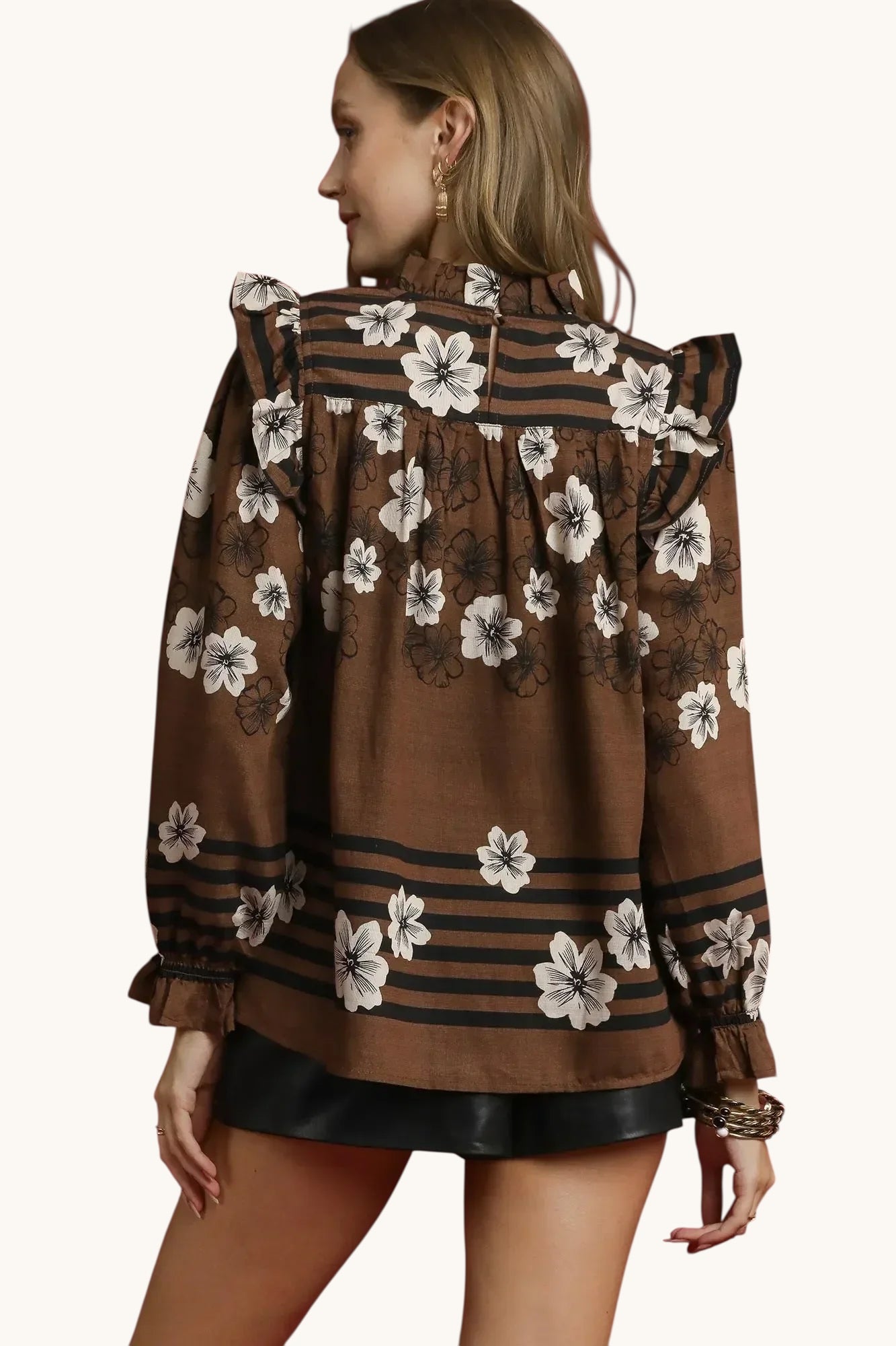 Umgee Full Size Mix Floral Smocked Ruffle Blouse