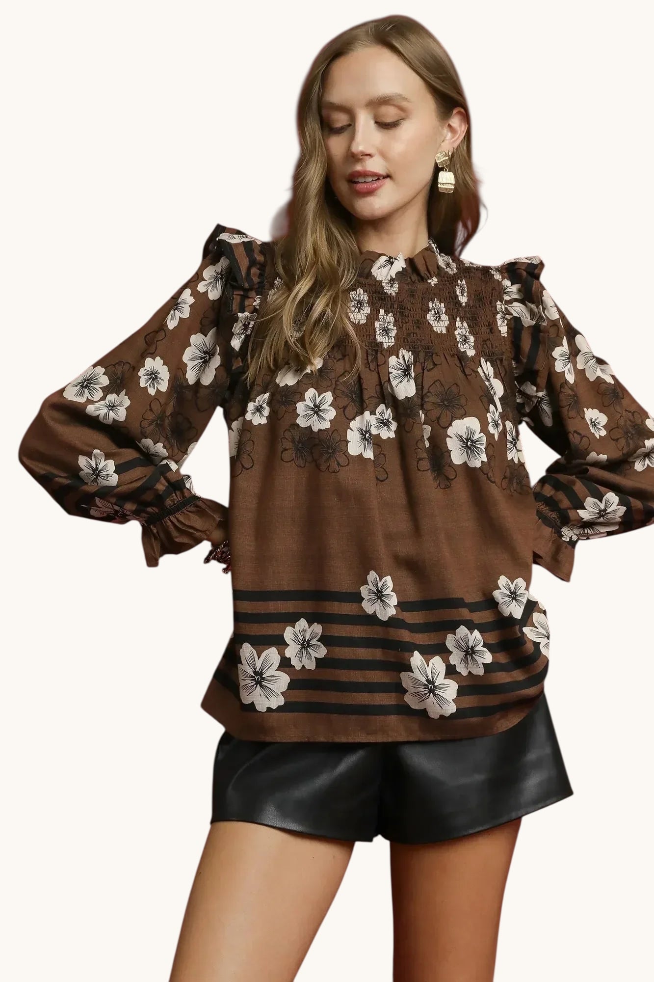 Umgee Full Size Mix Floral Smocked Ruffle Blouse