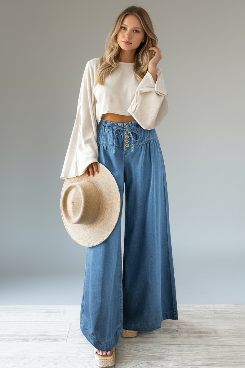 Daverri drawstring elastic waist wide leg blue denim jeans with button details
