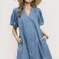 Umgee Chambray Puff Sleeve Dress, light blue cotton with pockets