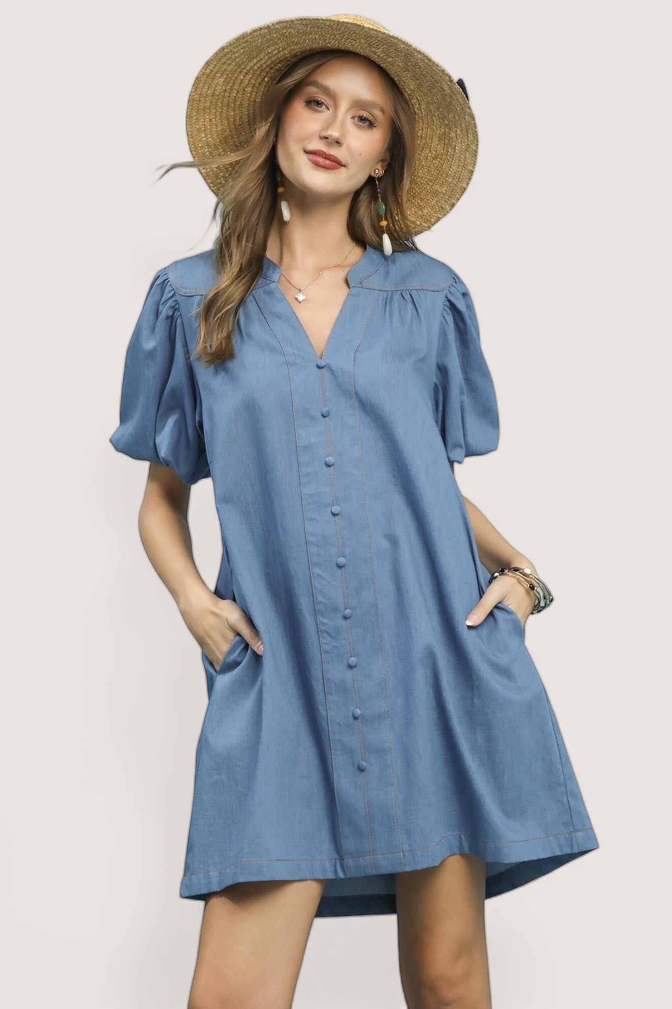 Umgee Chambray Puff Sleeve Dress, light blue cotton with pockets