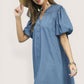 Umgee Chambray Puff Sleeve Dress in blue button-down with relaxed fit
