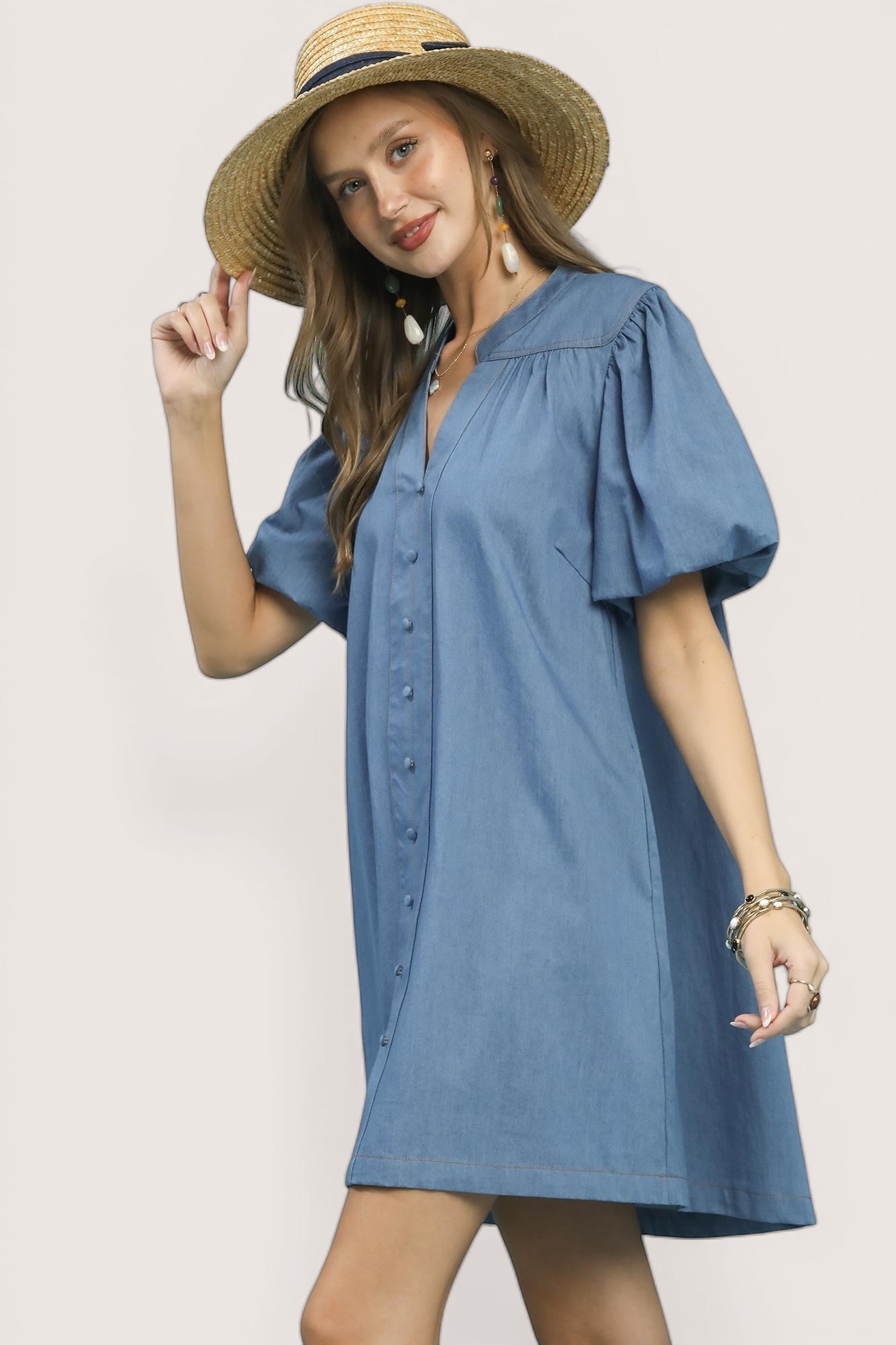 Umgee Chambray Puff Sleeve Dress in blue button-down with relaxed fit