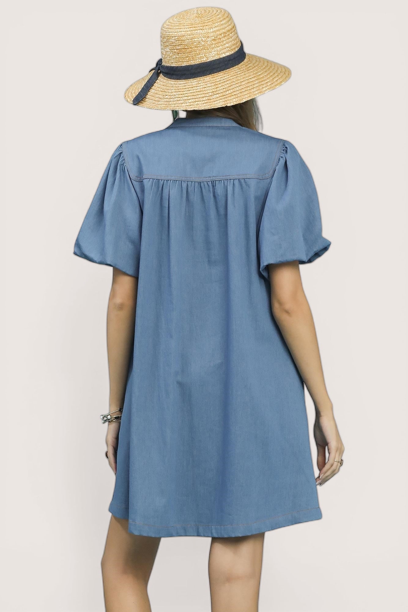 Umgee Chambray Puff Sleeve Dress in soft blue denim with relaxed fit