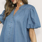 Umgee Chambray Puff Sleeve Dress in blue denim with button front