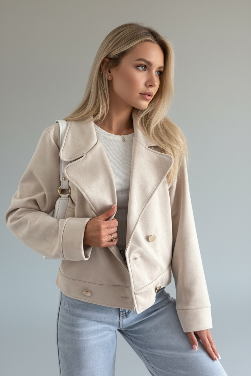 Daverri double-breasted beige faux leather moto jacket with silver buttons
