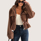 Daverri drawstring waist cropped jacket in brown faux leather with peplum hem