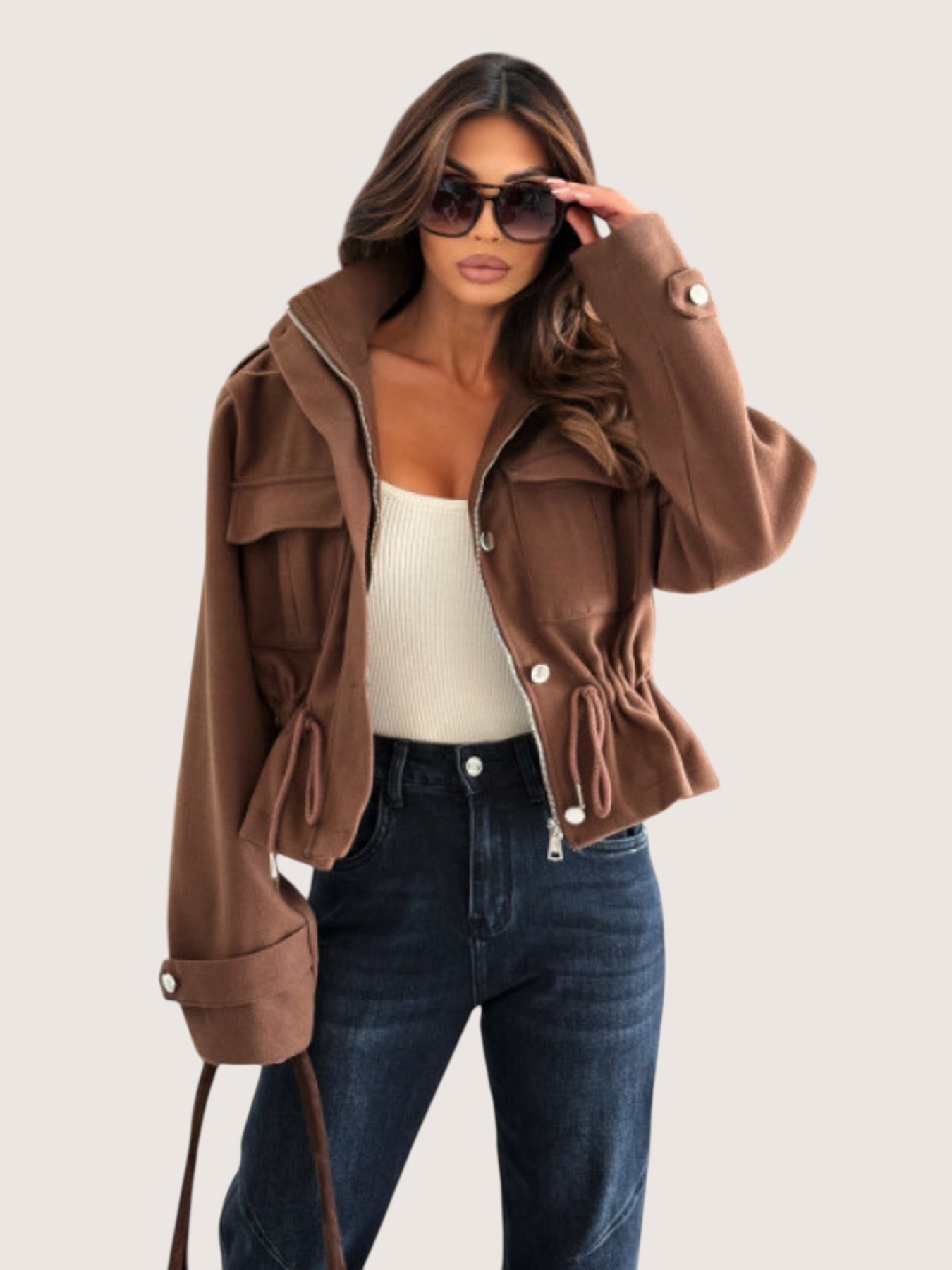 Daverri drawstring waist cropped jacket in brown faux leather with peplum hem