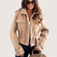 Daverri Drawstring Waist Cropped Jacket in beige with pockets