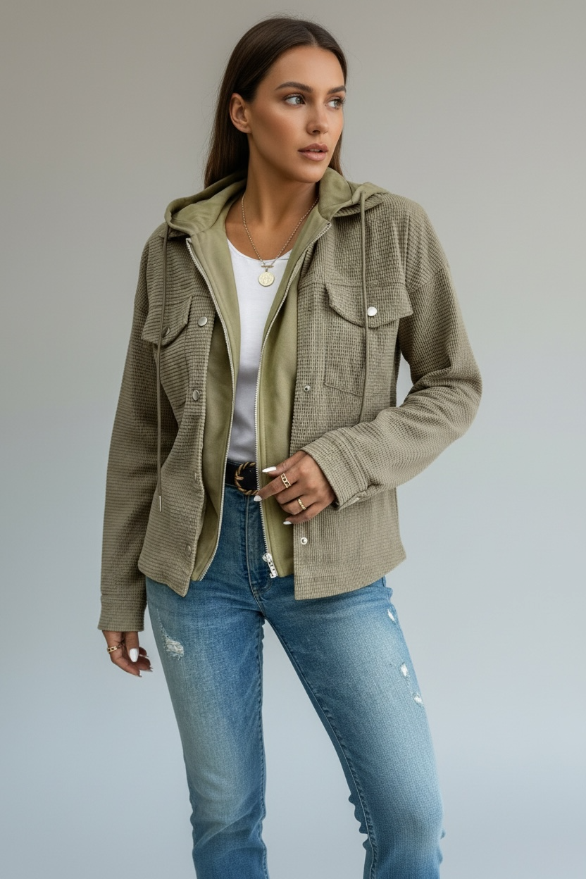 Daverri thermal knit textured hooded jacket in olive green with pockets and zipper